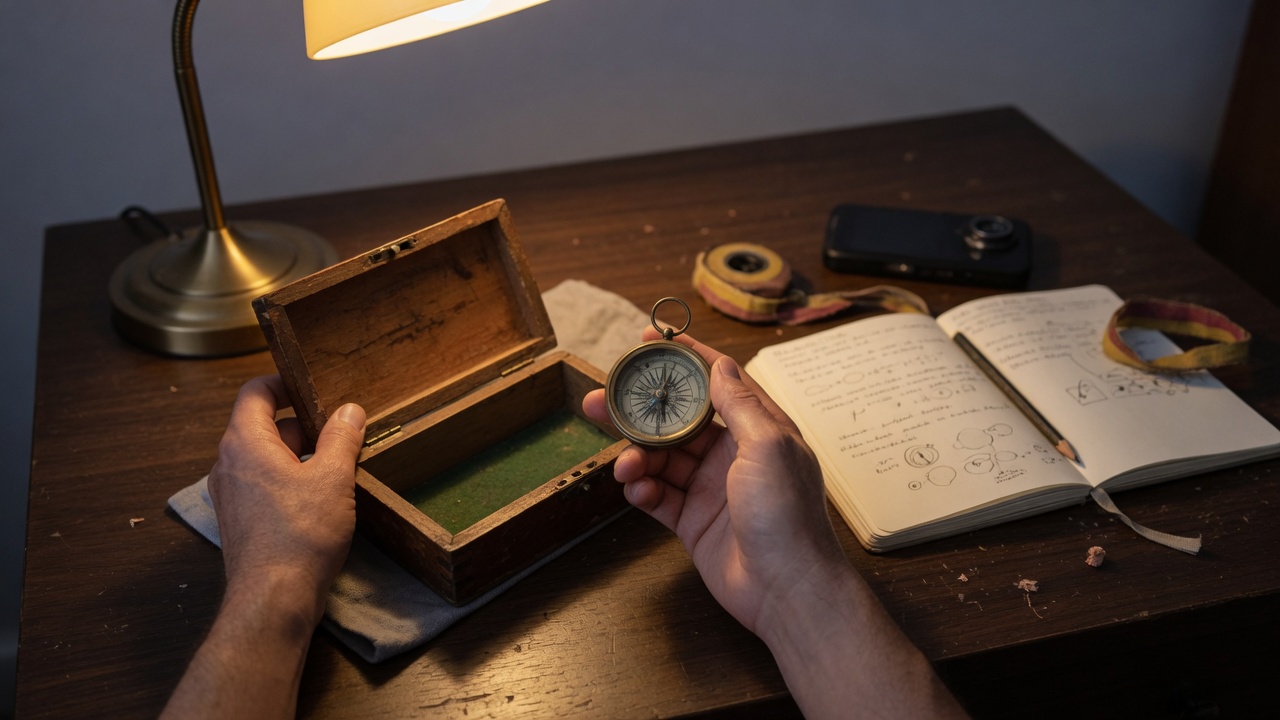 Antique collector documenting a piece at a quiet desk with notebook and measuring tools