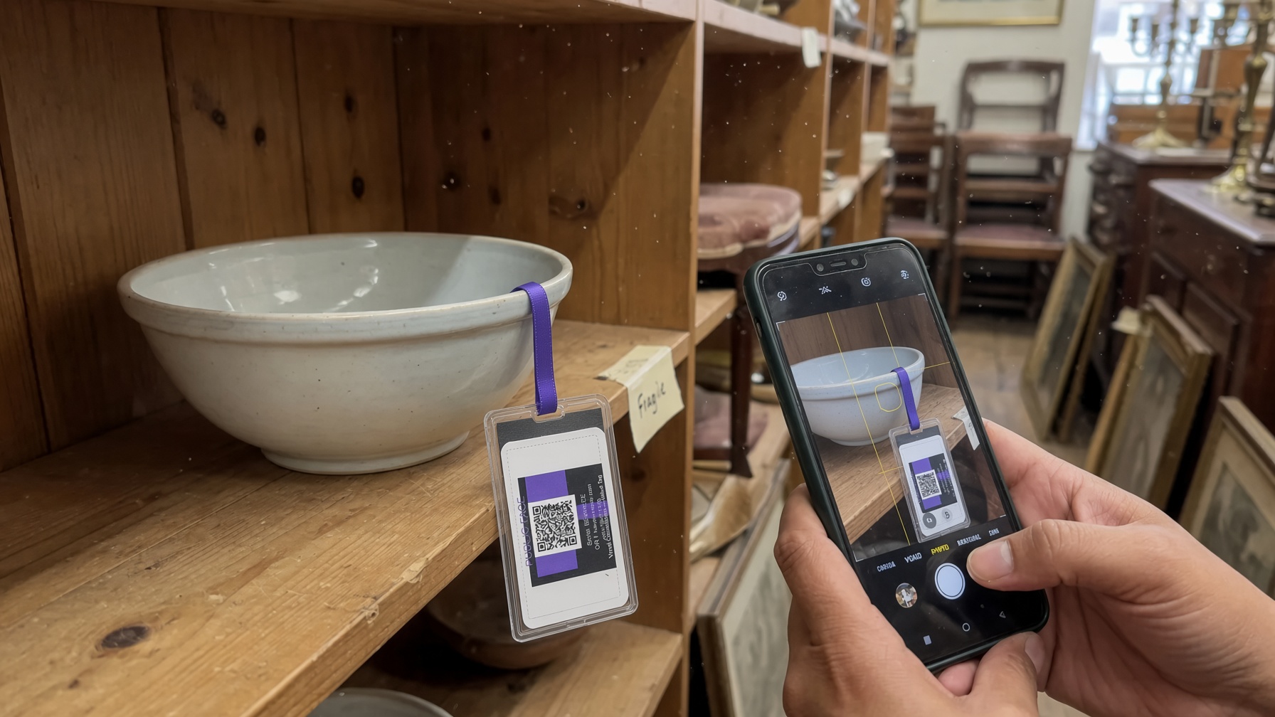 Antique shop aisle: phone scanning a printed QR information key on a piece