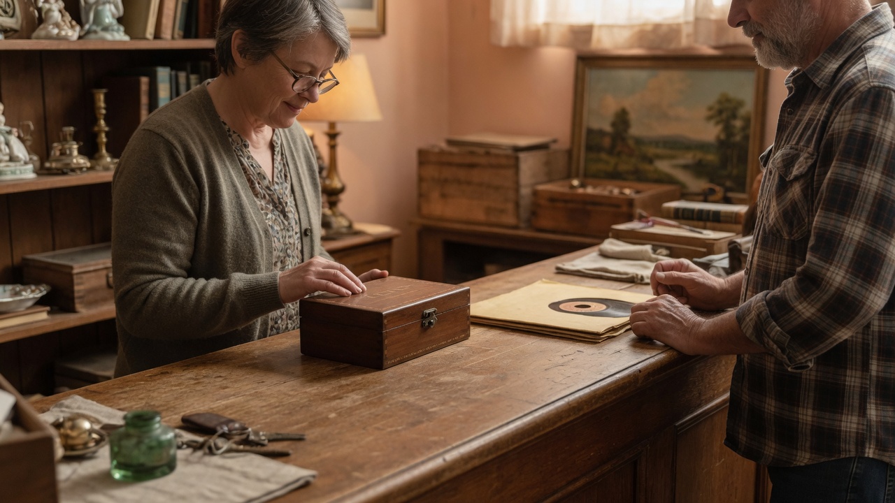 Quiet antique shop counter: object and record handed from dealer to buyer