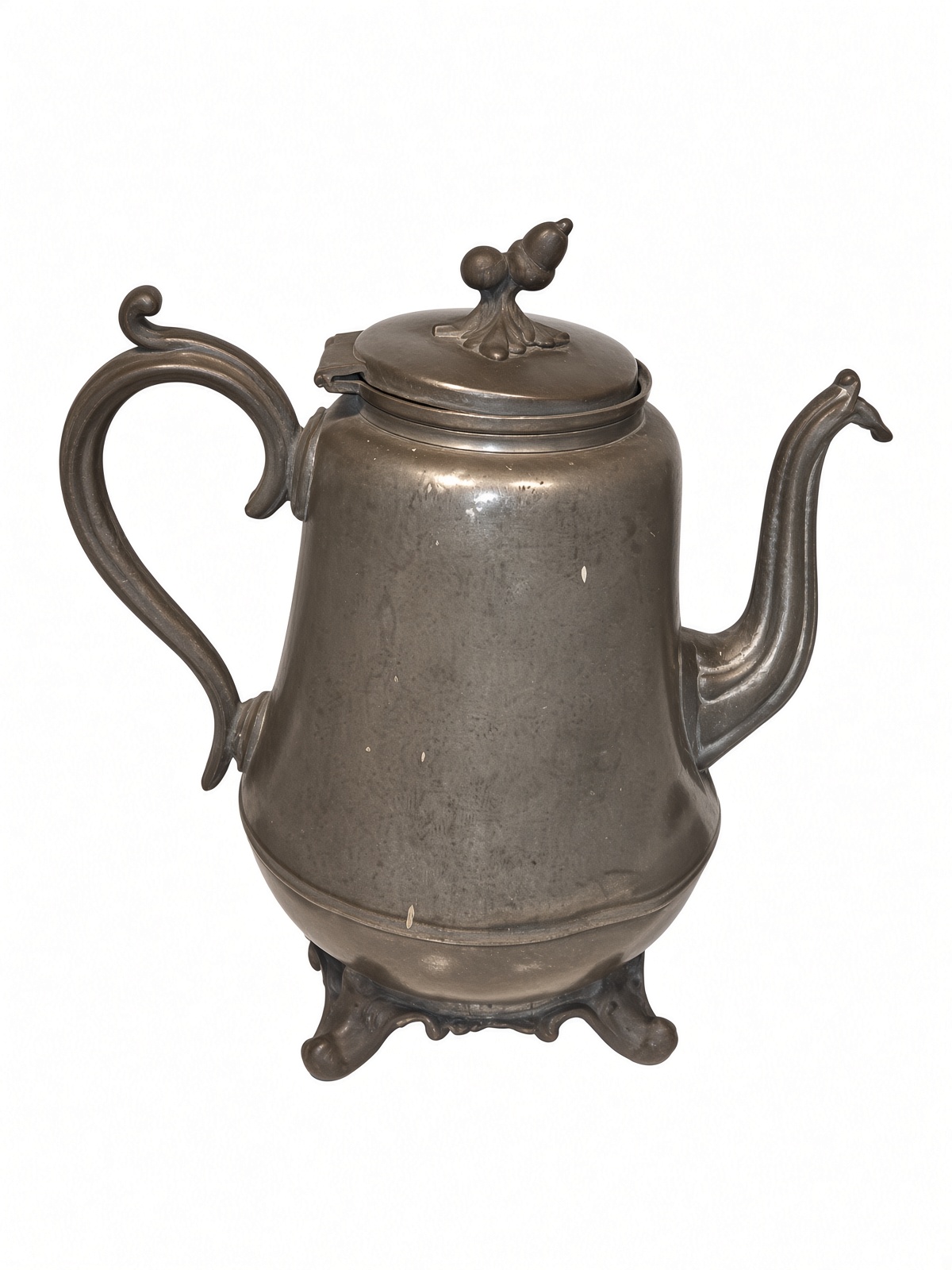 Side elevation of a footed Boardman-shop Britannia tea or coffee pot with gooseneck spout, metal scroll handle, hinged lid, and double-acorn finial, Hartford, about 1840–1860