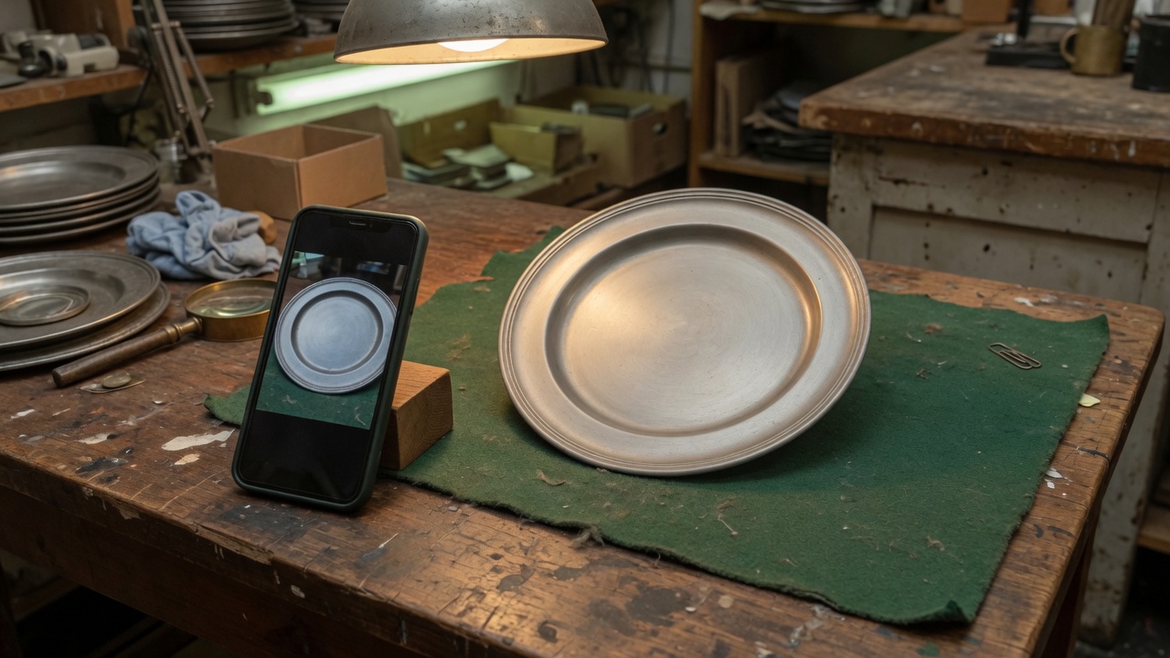Phone photographing a pewter plate on a workshop table