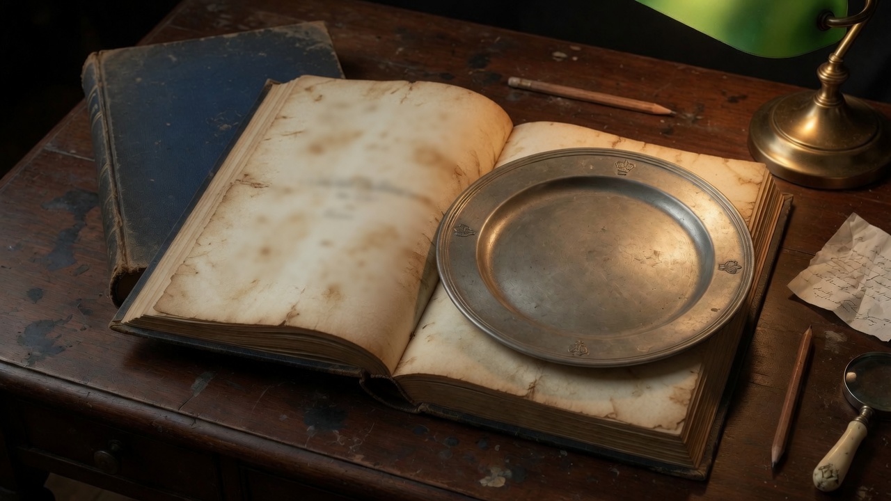 Research desk with a pewter plate on an open book — atmosphere, not a scan of Cotterell
