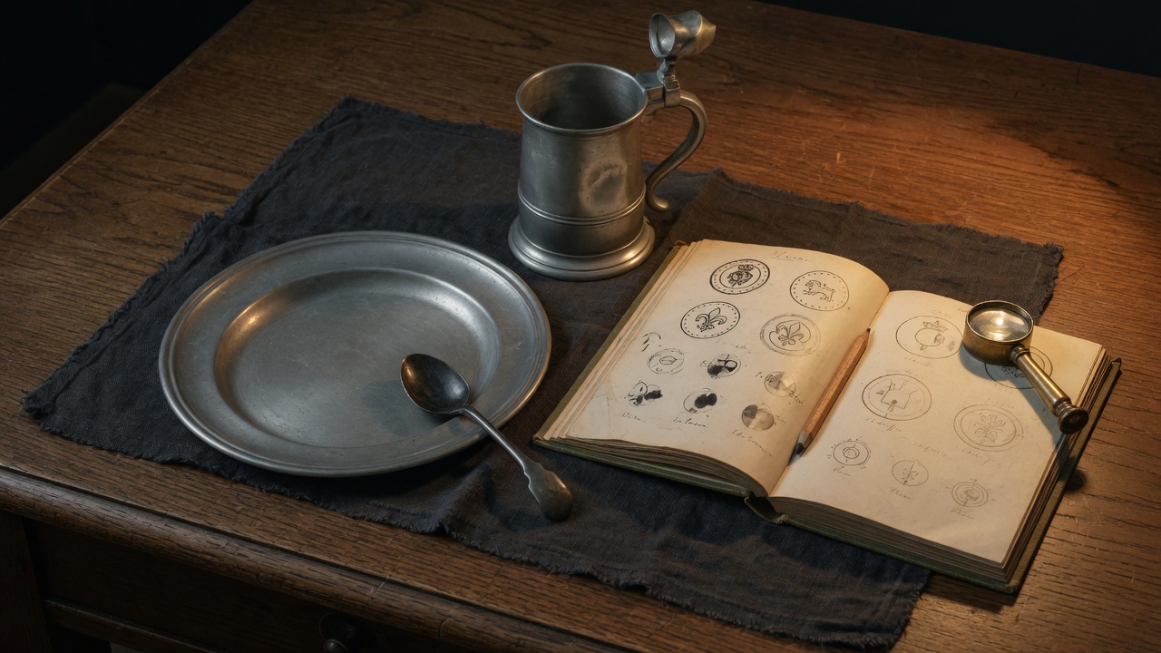 Pewter plate, tankard, spoon, and an open marks gazetteer on a lamp-lit desk